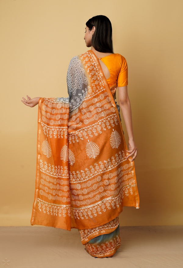 Grey-Orange  Summer Bangalore Silk Saree