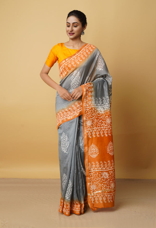 Grey-Orange  Summer Bangalore Silk Saree