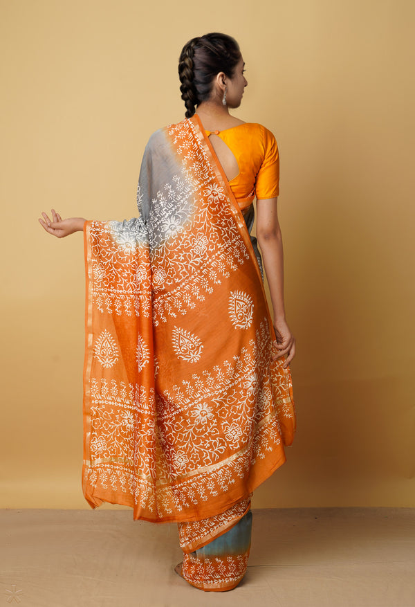 Grey-Orange  Summer Bangalore Silk Saree