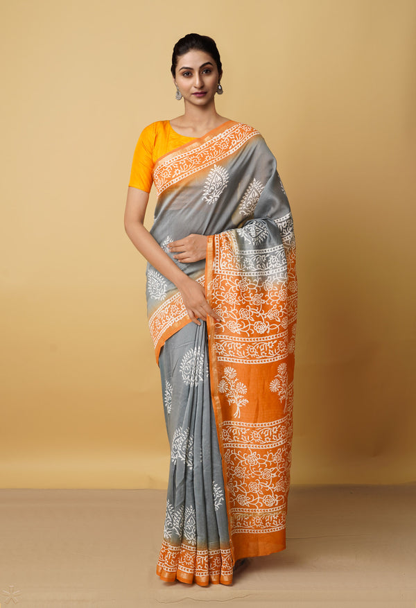 Grey-Orange  Summer Bangalore Silk Saree-UNM64695