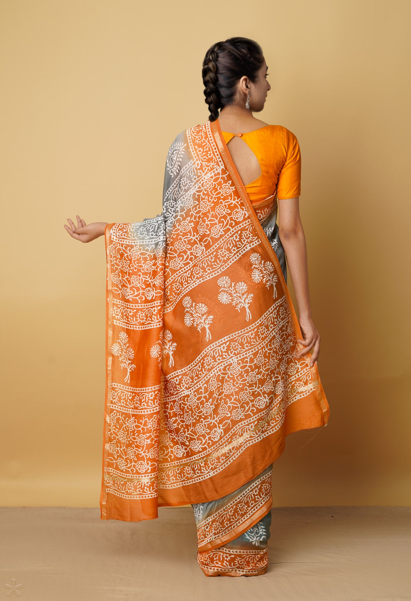 Grey-Orange  Summer Bangalore Silk Saree-UNM64695