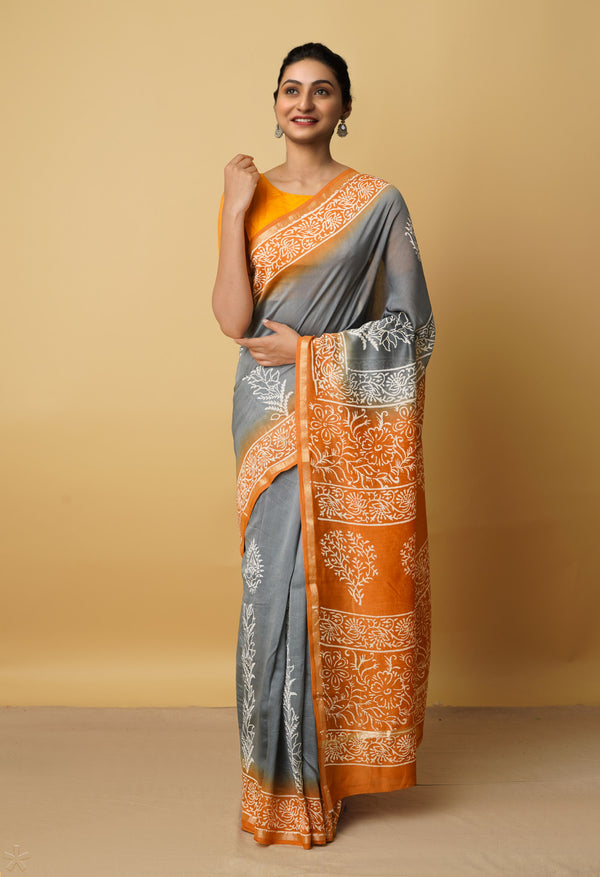 Grey-Orange  Summer Bangalore Silk Saree