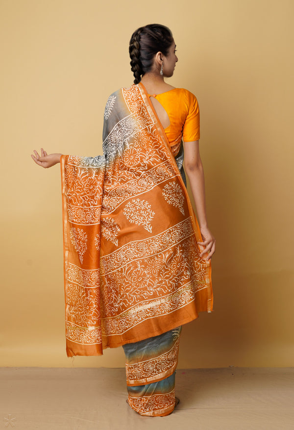 Grey-Orange  Summer Bangalore Silk Saree