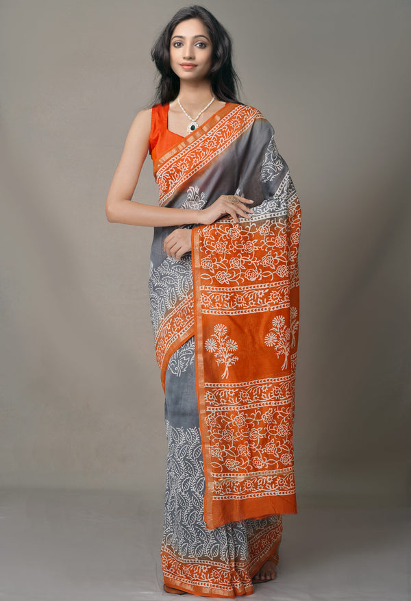 Grey-Orange  Summer Bangalore Silk Saree