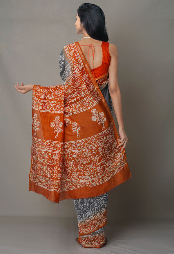 Grey-Orange  Summer Bangalore Silk Saree