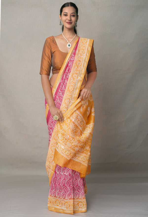Pink-Yellow  Summer Bangalore Silk Saree-unm64706