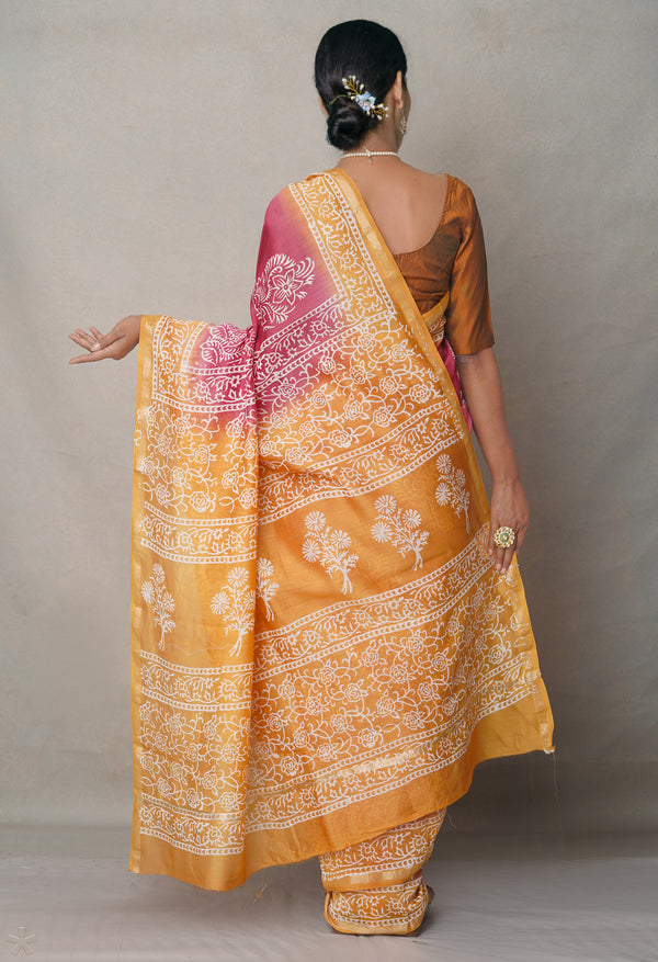 Pink-Yellow  Summer Bangalore Silk Saree-unm64706