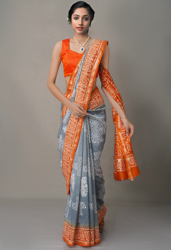 Grey-Orange  Summer Bangalore Silk Saree