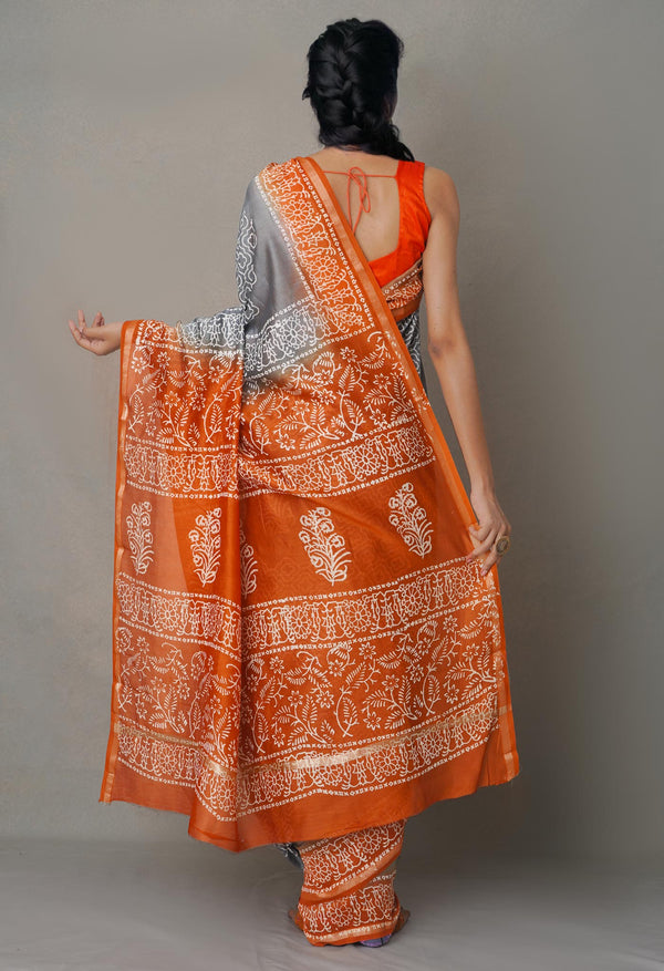 Grey-Orange  Summer Bangalore Silk Saree