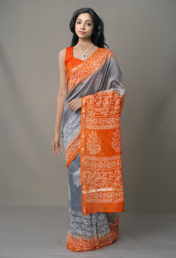 Grey-Orange  Summer Bangalore Silk Saree