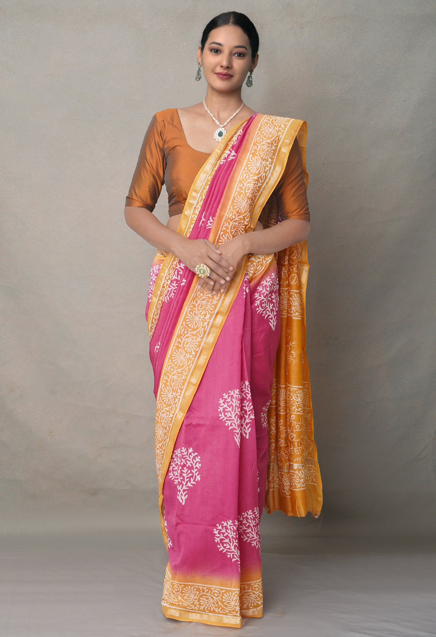 Pink-Yellow  Summer Bangalore Silk Saree-UNM64721