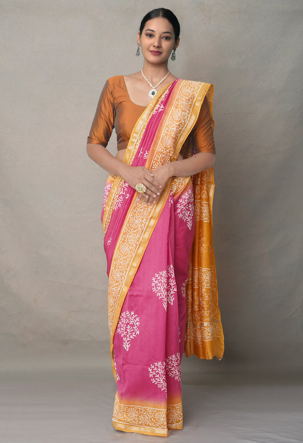 Pink-Yellow  Summer Bangalore Silk Saree-UNM64721