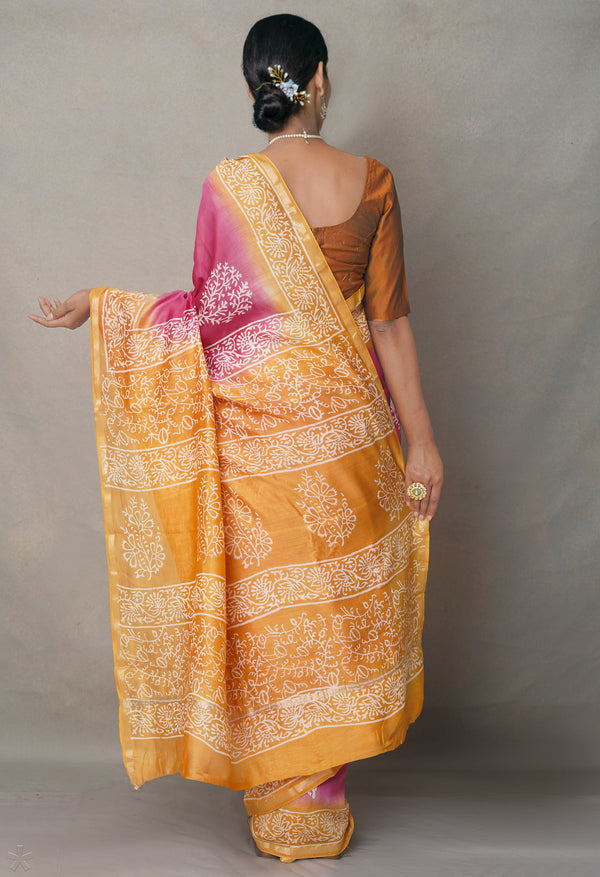 Pink-Yellow  Summer Bangalore Silk Saree-UNM64721