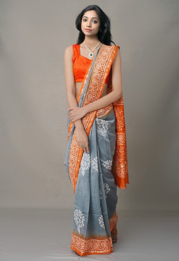 Grey-Orange  Summer Bangalore Silk Saree