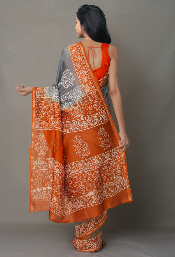 Grey-Orange  Summer Bangalore Silk Saree