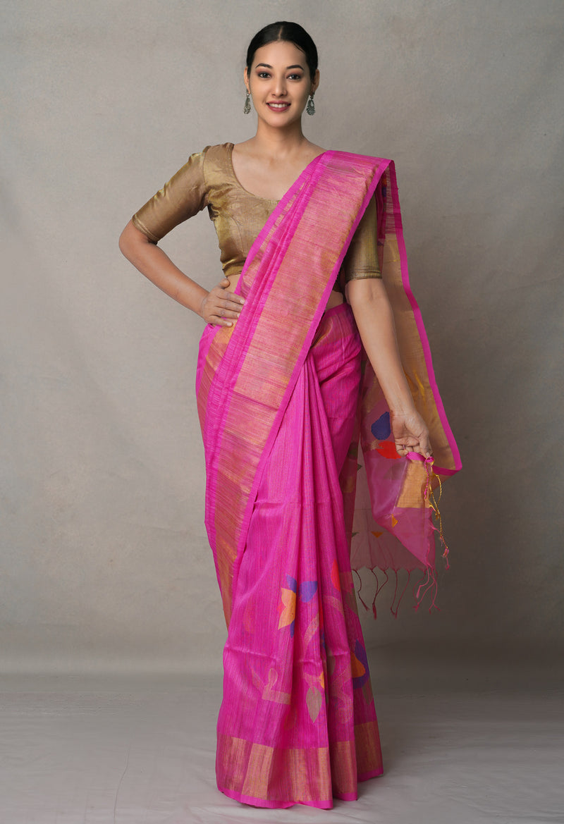 Pink Pure Handloom Dhakai Jamdhani Cotton Silk Saree-UNM64766