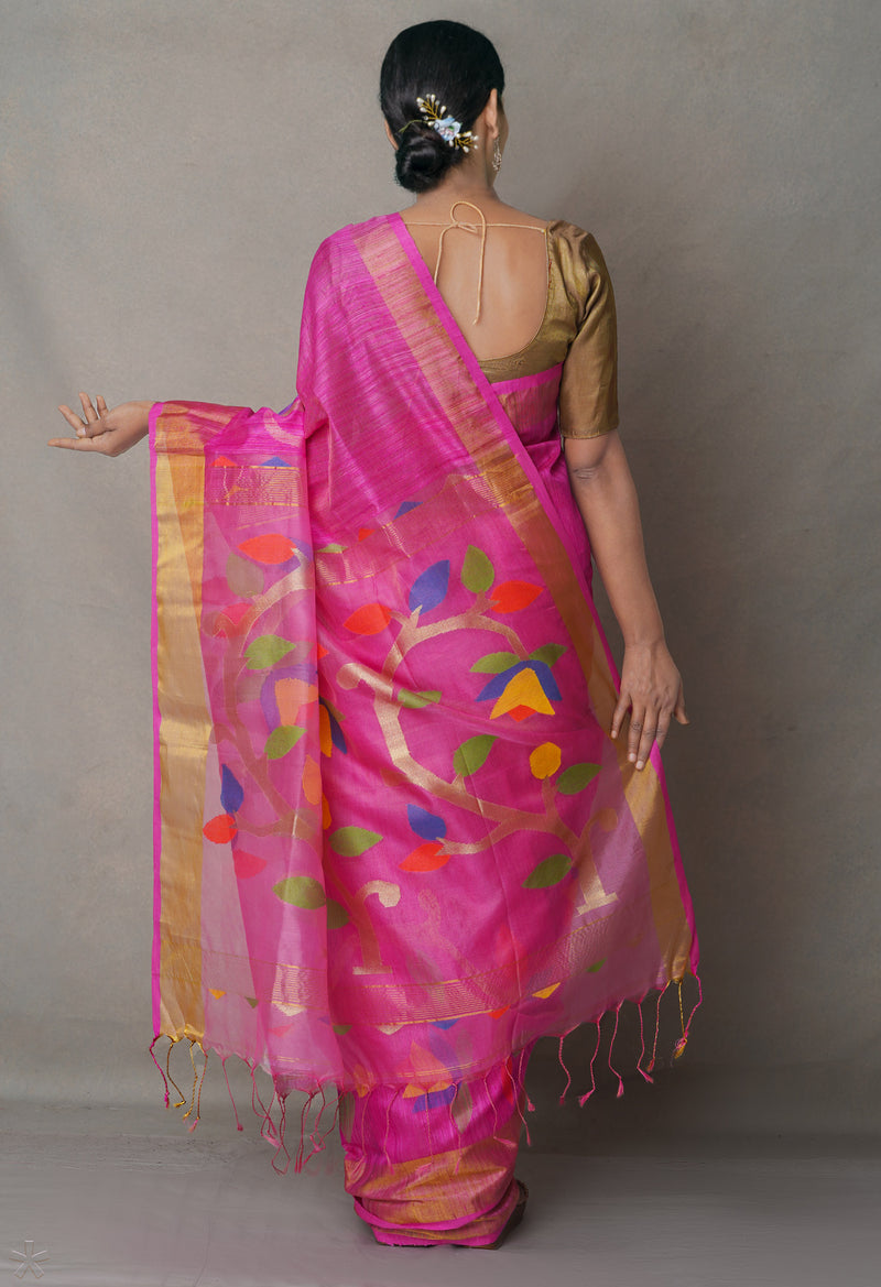 Pink Pure Handloom Dhakai Jamdhani Cotton Silk Saree-UNM64766