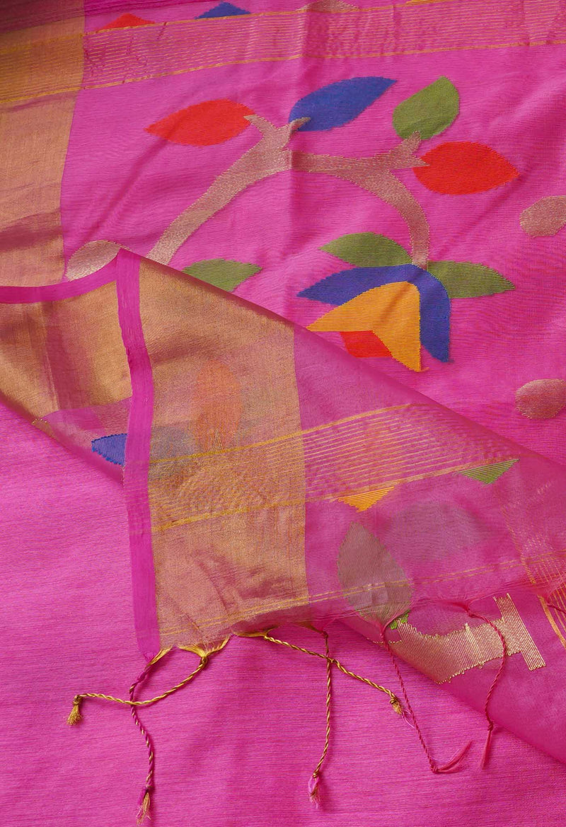 Pink Pure Handloom Dhakai Jamdhani Cotton Silk Saree-UNM64766