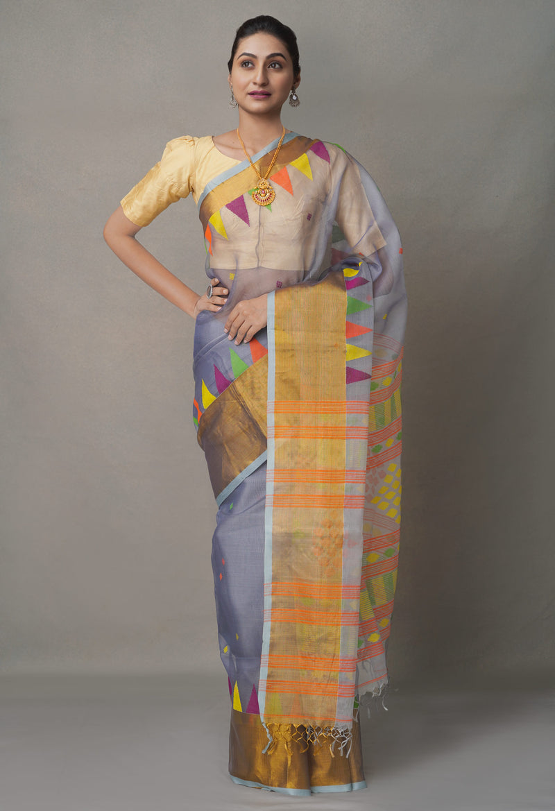 Grey Pure Handloom Dhakai Jamdhani Cotton Silk Saree-UNM64769