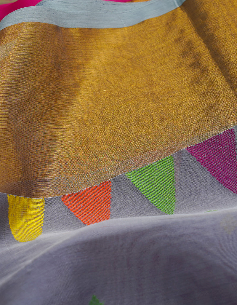 Grey Pure Handloom Dhakai Jamdhani Cotton Silk Saree-UNM64769
