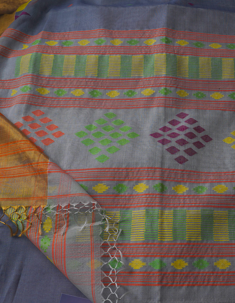 Grey Pure Handloom Dhakai Jamdhani Cotton Silk Saree-UNM64769