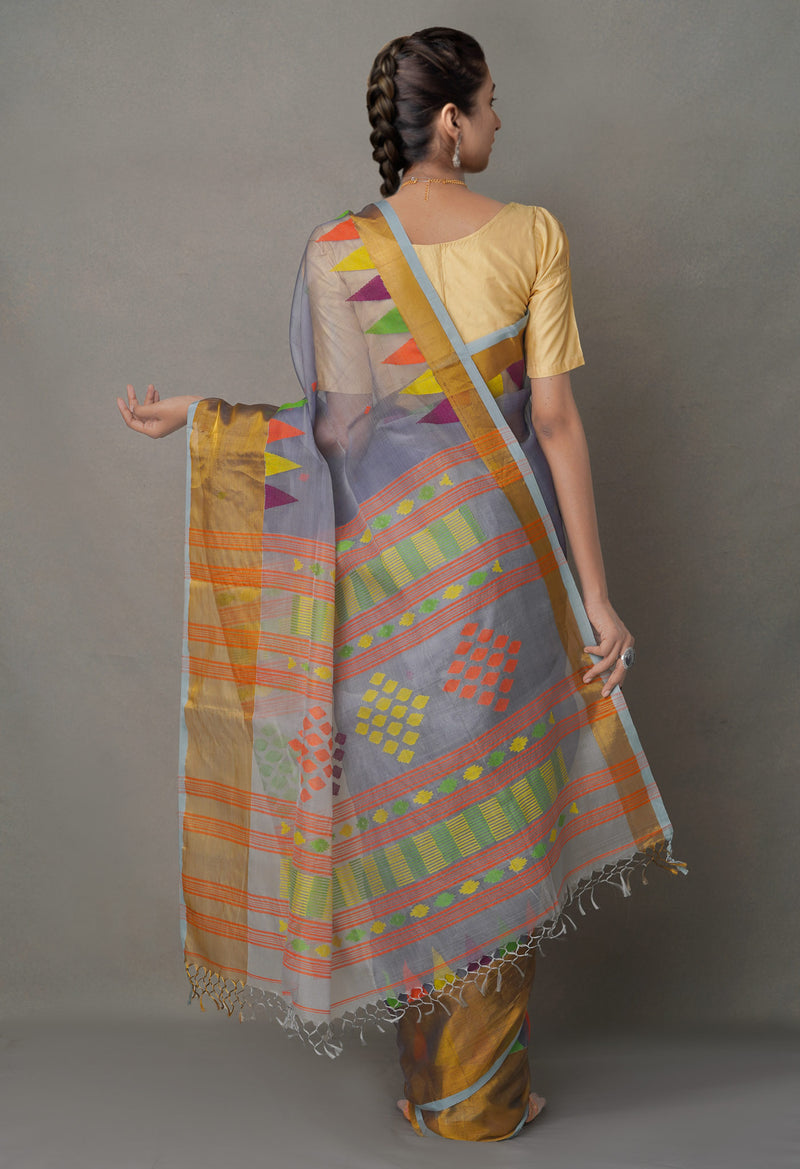 Grey Pure Handloom Dhakai Jamdhani Cotton Silk Saree-UNM64769