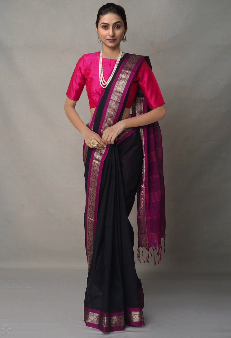 Black-Pink Pure Handloom South  Sico Saree