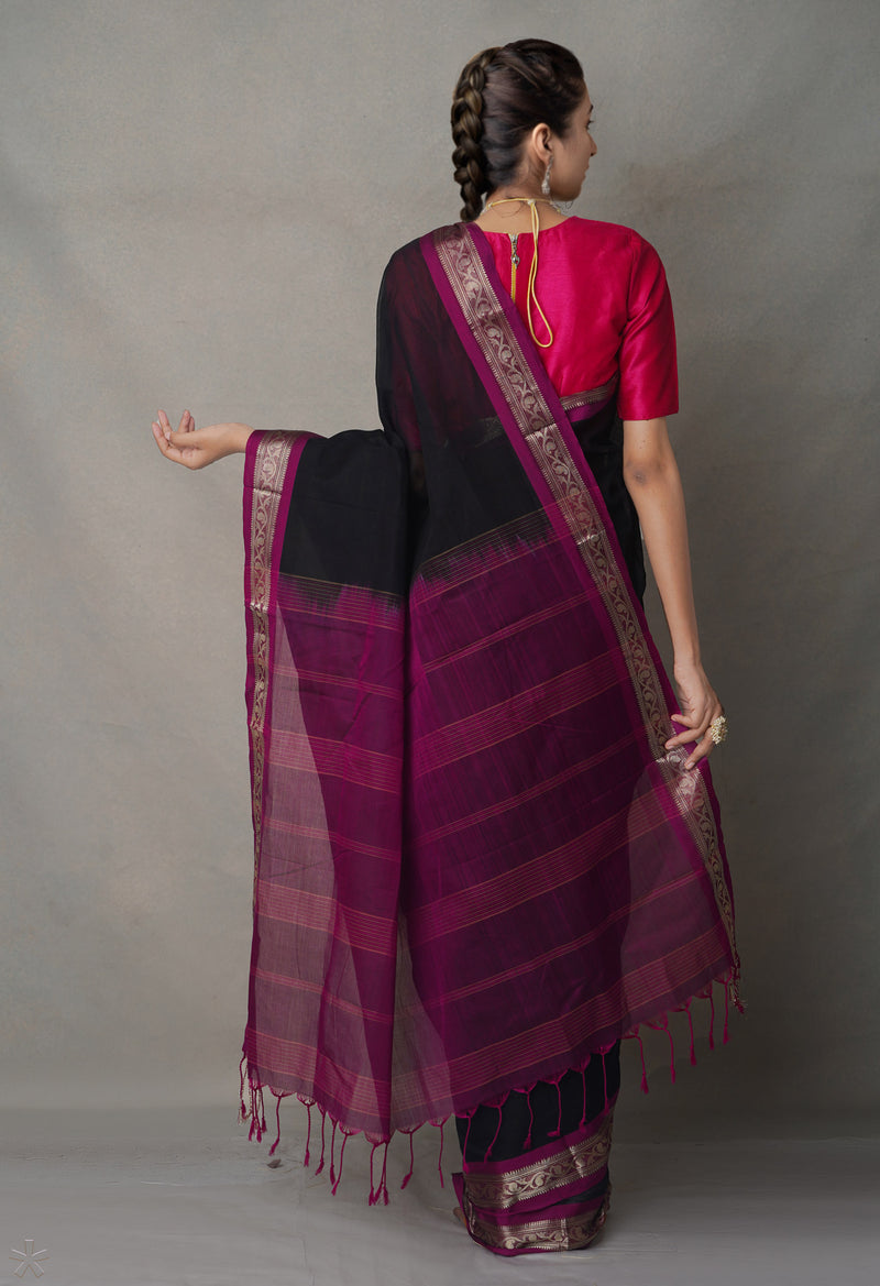 Black-Pink Pure Handloom South  Sico Saree