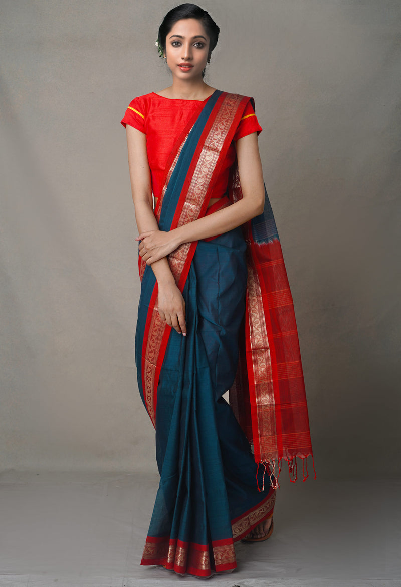 Blue-Red Pure Handloom South  Sico Saree