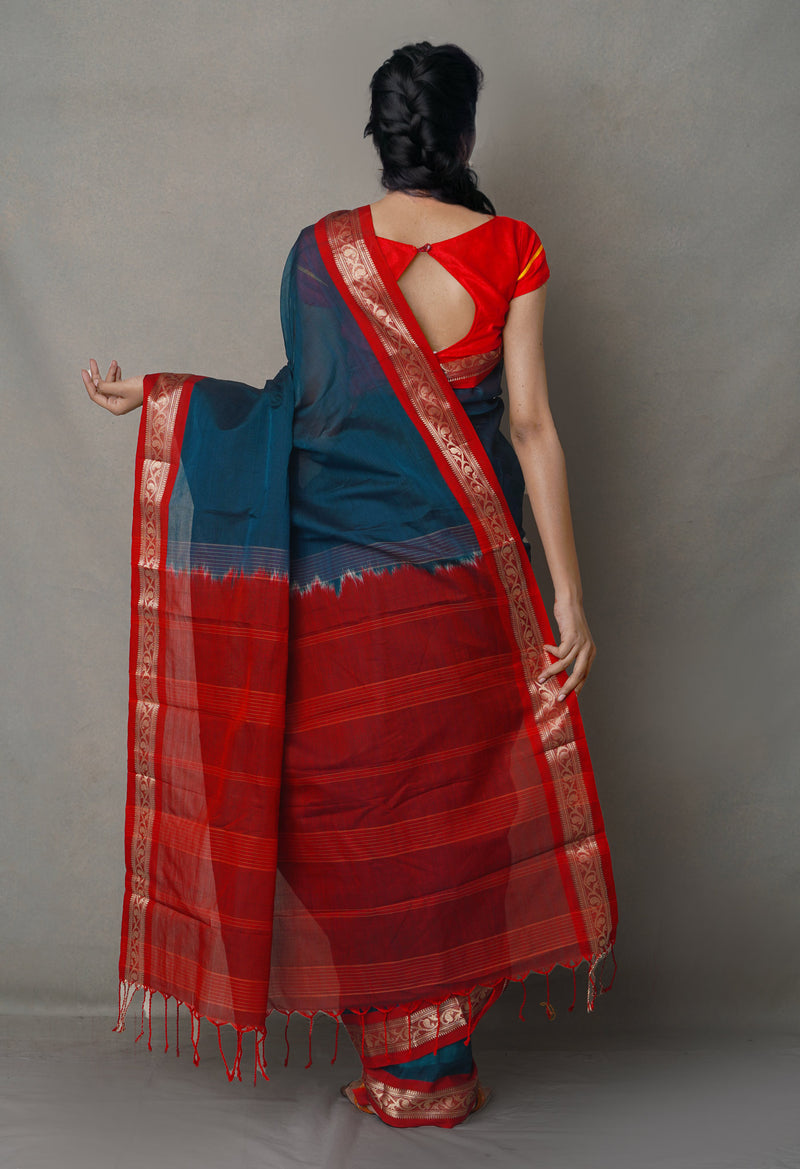 Blue-Red Pure Handloom South  Sico Saree