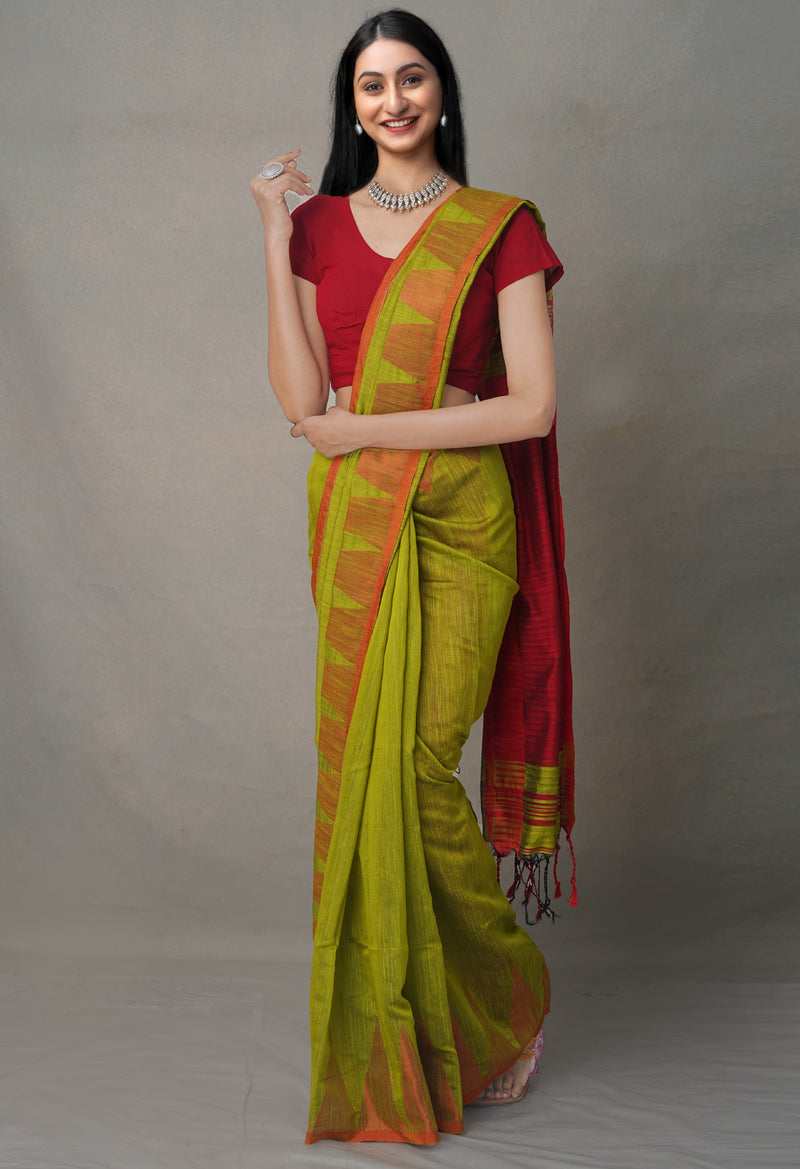 Green Pure Handloom Bengal  Linen Saree