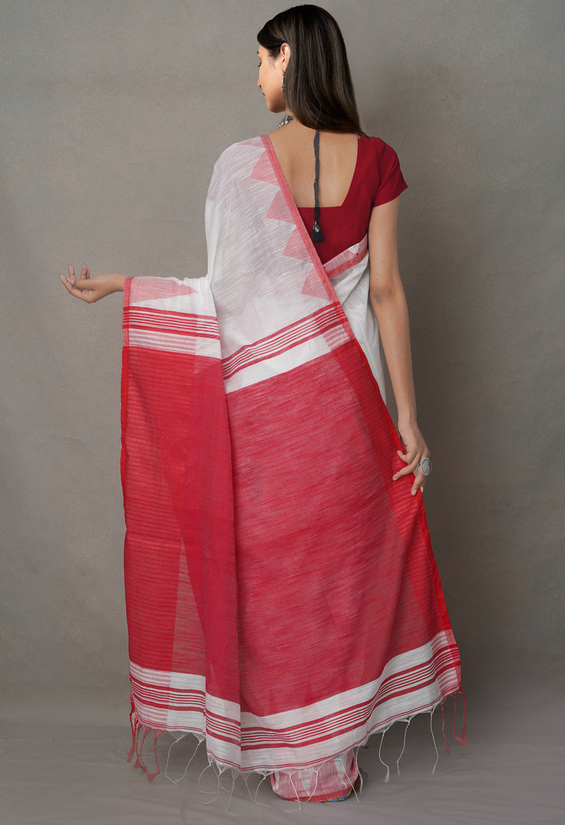 White Pure Handloom Bengal  Linen Saree-UNM64788