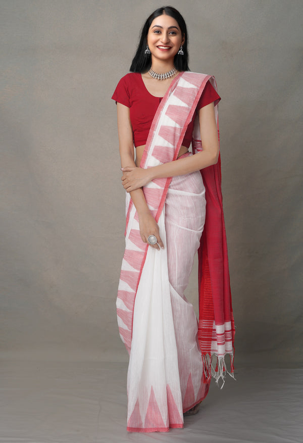 White Pure Handloom Bengal  Linen Saree-UNM64788