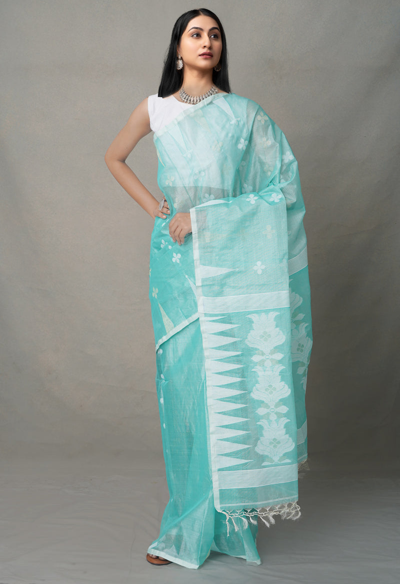 Green Pure Handloom Dhakai Jamdhani Bengal Muslin Cotton Silk Saree