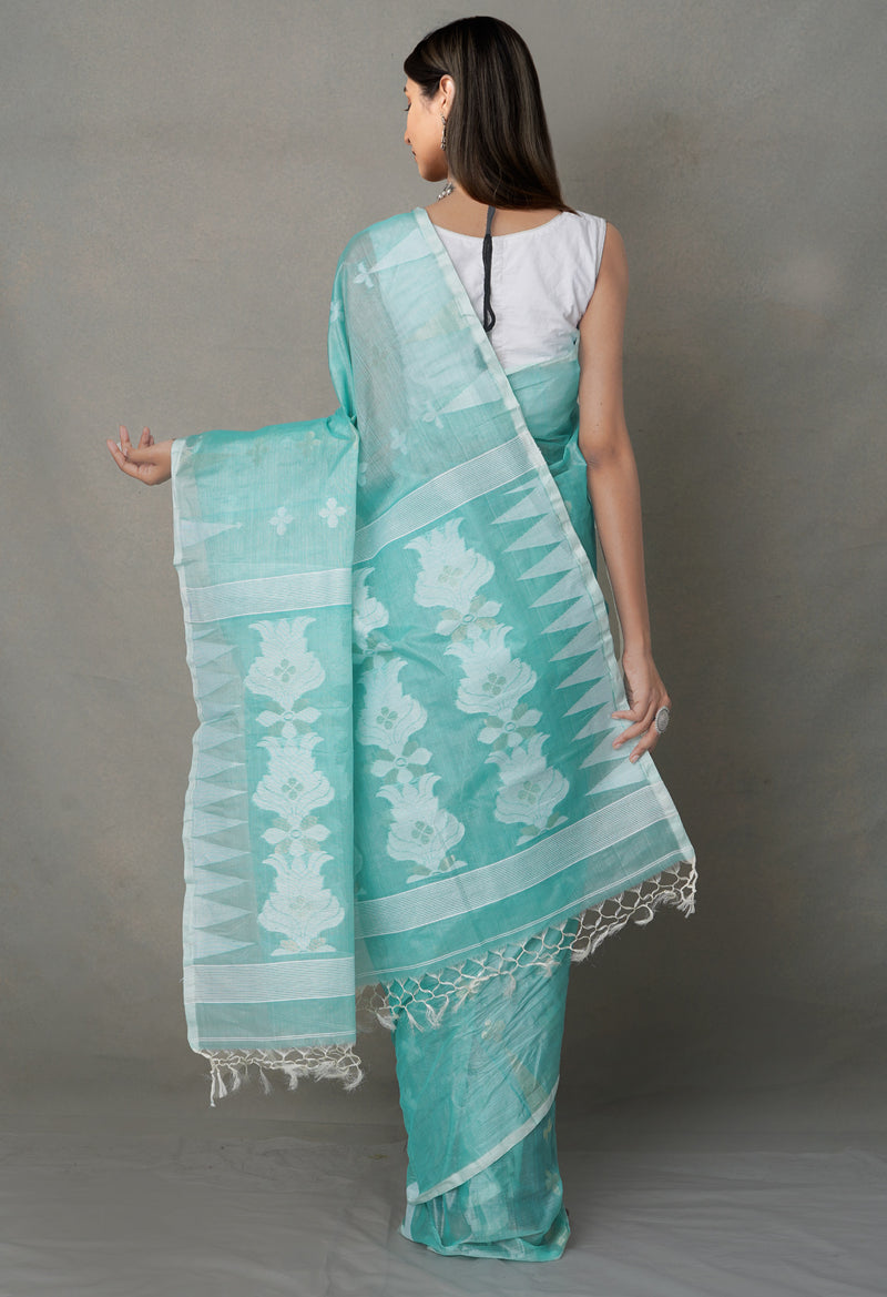 Green Pure Handloom Dhakai Jamdhani Bengal Muslin Cotton Silk Saree