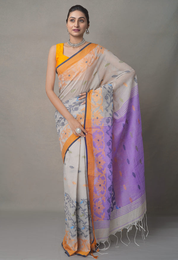 Grey-Purple PureHandloom Bengal Linen Saree