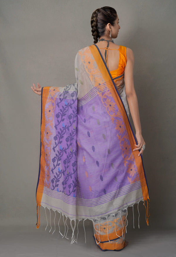 Grey-Purple PureHandloom Bengal Linen Saree