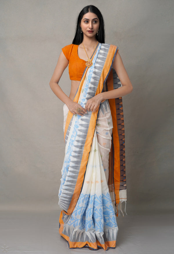 Orange-White PureHandloom Bengal Linen Saree