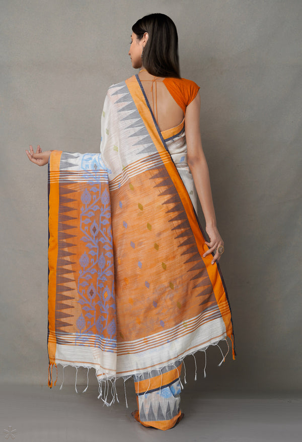 Orange-White PureHandloom Bengal Linen Saree