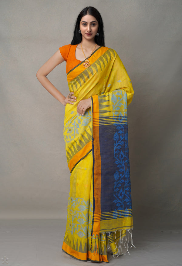 Blue-Yellow PureHandloom Bengal Linen Saree