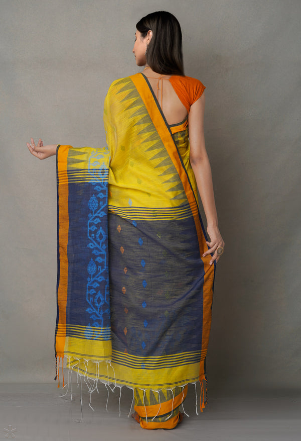 Blue-Yellow PureHandloom Bengal Linen Saree
