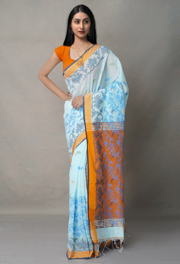 Orange-Blue PureHandloom Bengal Linen Saree