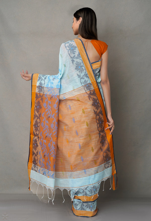 Orange-Blue PureHandloom Bengal Linen Saree