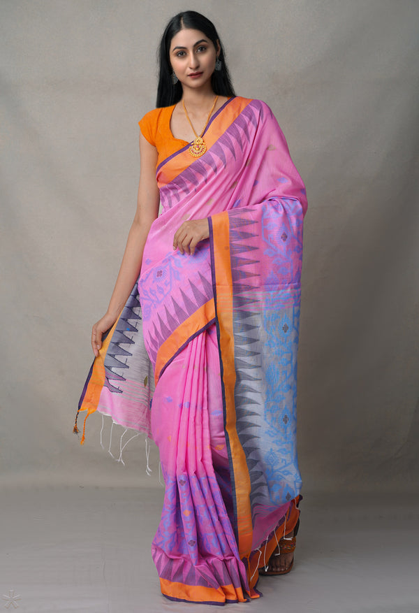 Grey-Pink PureHandloom Bengal Linen Saree