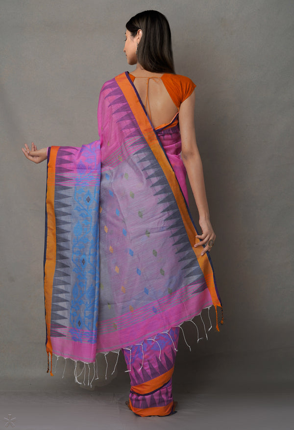 Grey-Pink PureHandloom Bengal Linen Saree
