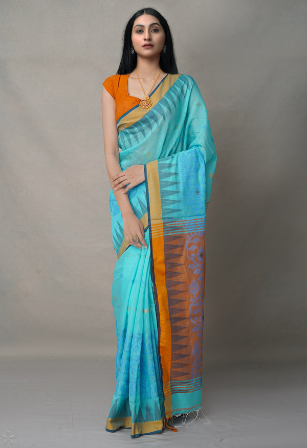 Orange-Blue PureHandloom Bengal Linen Saree