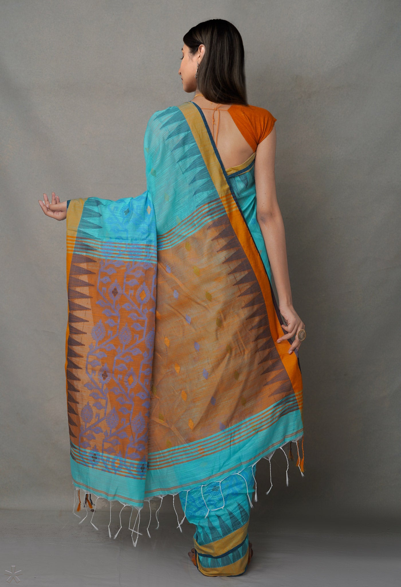 Orange-Blue PureHandloom Bengal Linen Saree