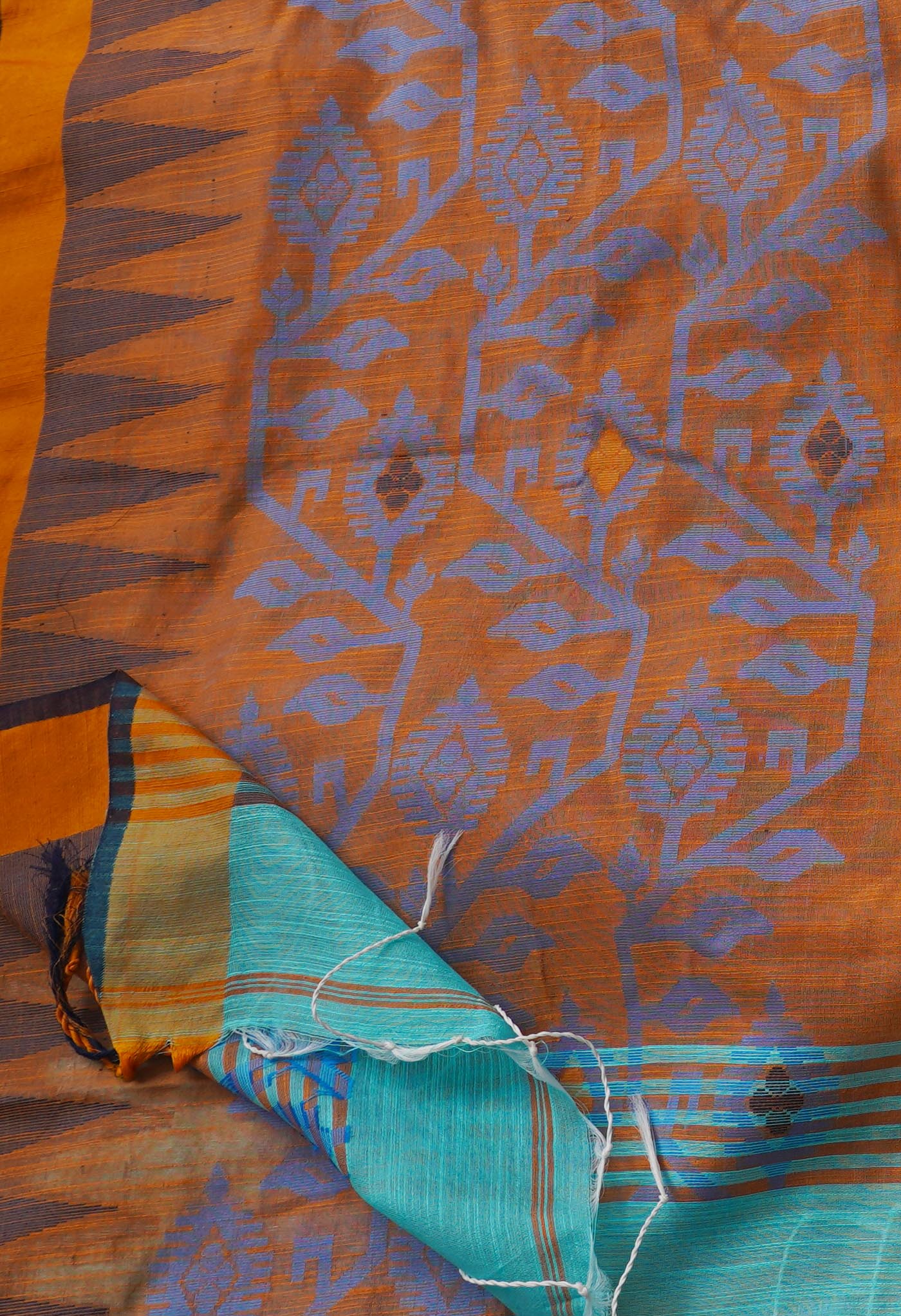 Orange-Blue PureHandloom Bengal Linen Saree