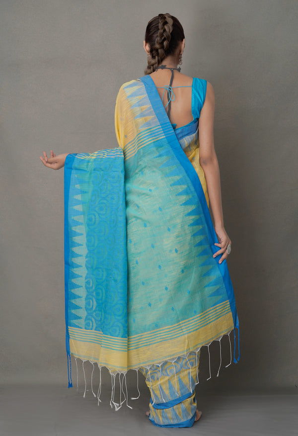 Cream-Blue PureHandloom Bengal Linen Saree