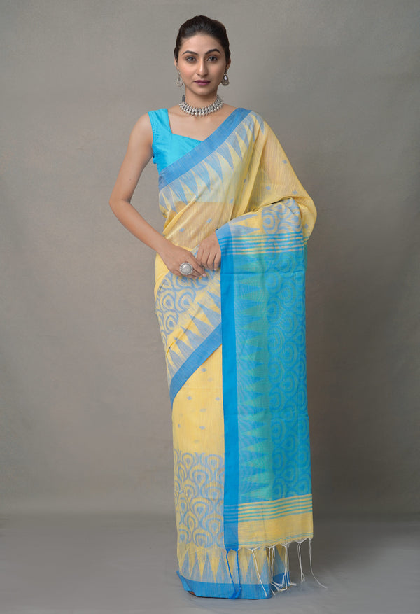 Cream-Blue PureHandloom Bengal Linen Saree